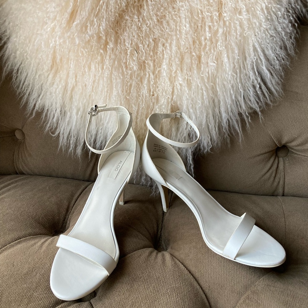 Classic white, Aldo ankle-strap, 3.25” spike heels, size 6.5